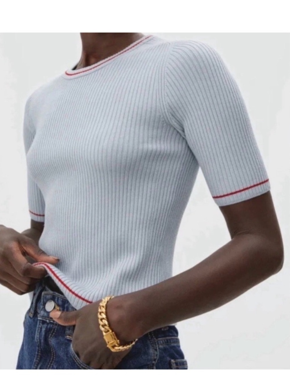 Everlane Light Blue Wool Blend Cropped Ribbed Tee with Red Stripe